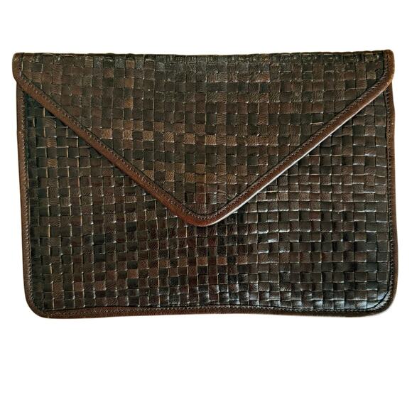 La Bagagerie Brown Woven Leather Envelope Clutch Handbag France Classic Chic - Picture 1 of 13
